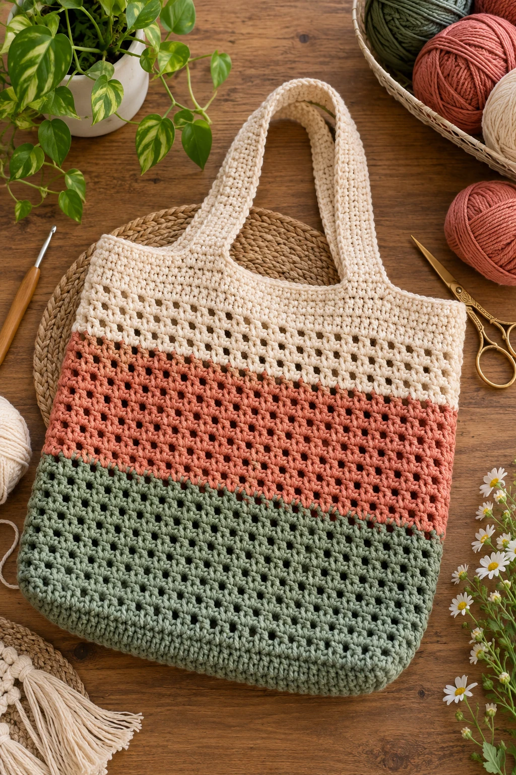 Color-Blocked Market Tote — crochet bag pattern tote style outfit
