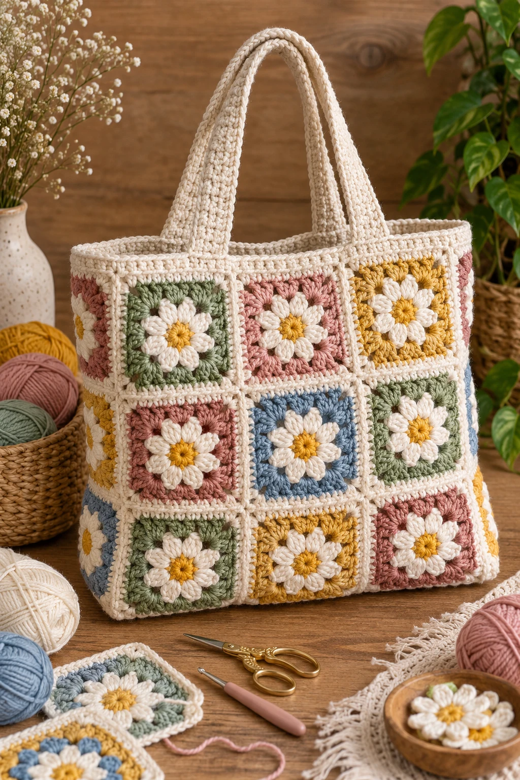 Granny Square Statement Tote — crochet bag pattern tote style outfit