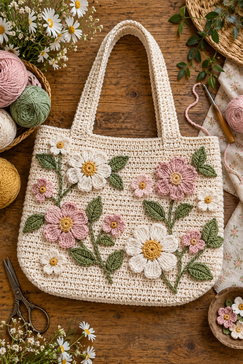 Floral Appliqué Cottage Tote — crochet bag pattern tote style outfit
