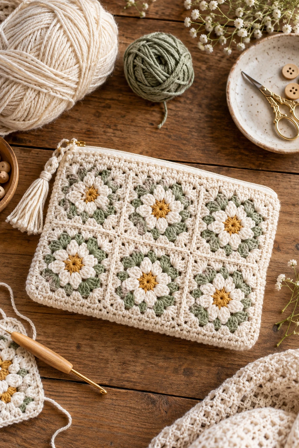 Cream Granny Square Pouch — crochet bag pouch style outfit