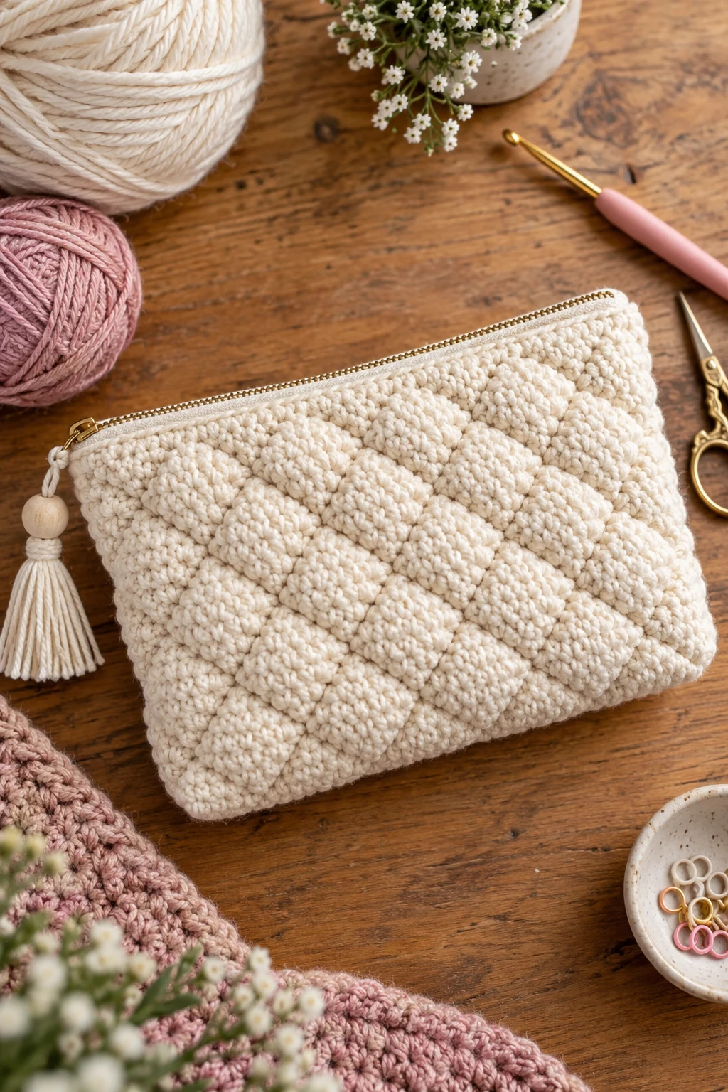 Quilted-Texture Zipper Pouch — crochet bag pouch style outfit