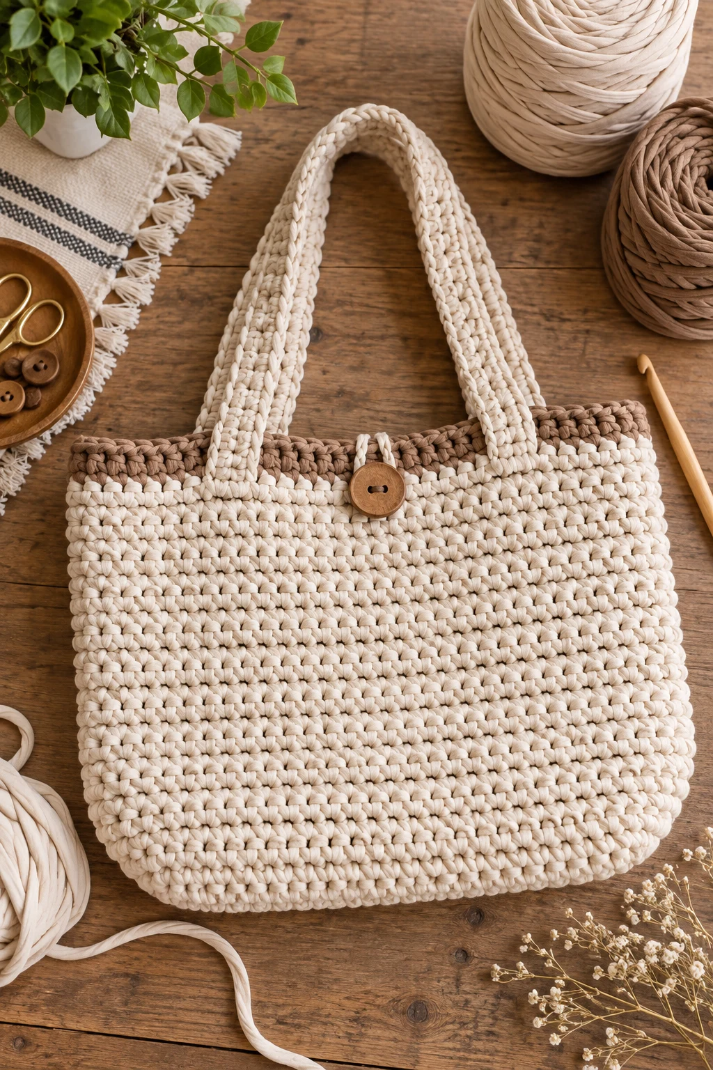 Classic Neutral Market Tote — crochet bag tshirt yarn style outfit