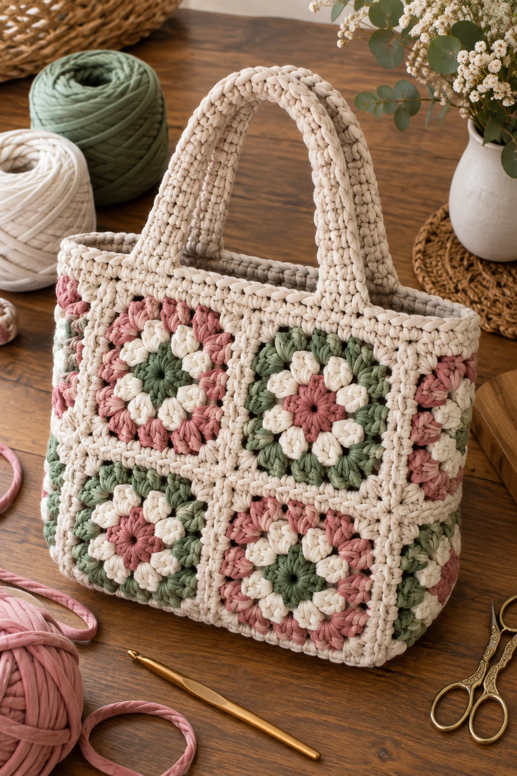 Granny Square T-Shirt Yarn Bag — crochet bag tshirt yarn style outfit