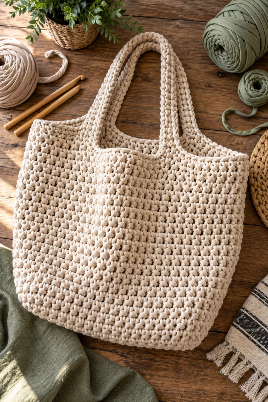 Oversized Crochet Shopper — crochet bag tshirt yarn style outfit