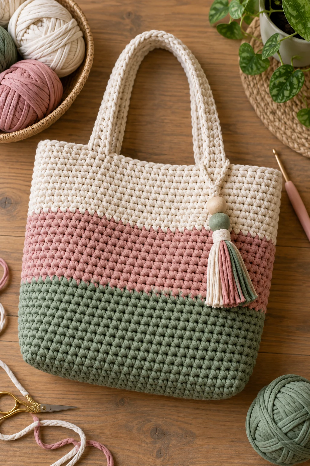 Color-Block Weekend Tote — crochet bag tshirt yarn style outfit