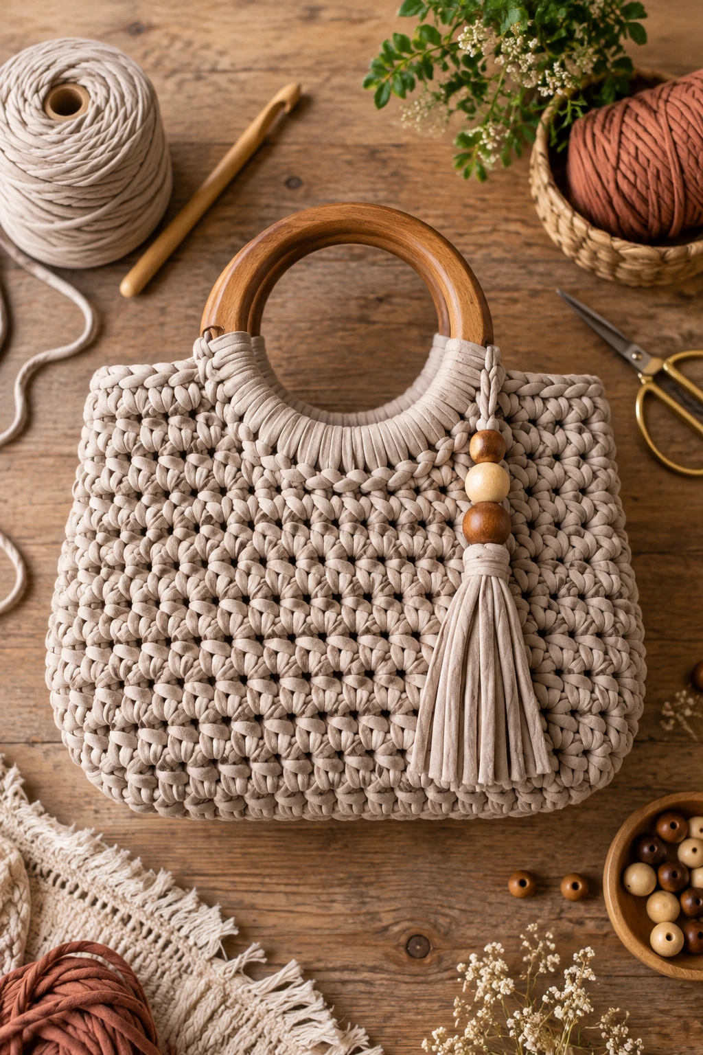 Rustic Crochet Bag With Wooden Handles — crochet bag tshirt yarn style outfit