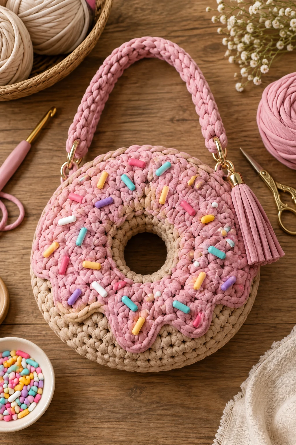 Donut-Shaped Statement Bag — crochet bag tshirt yarn style outfit