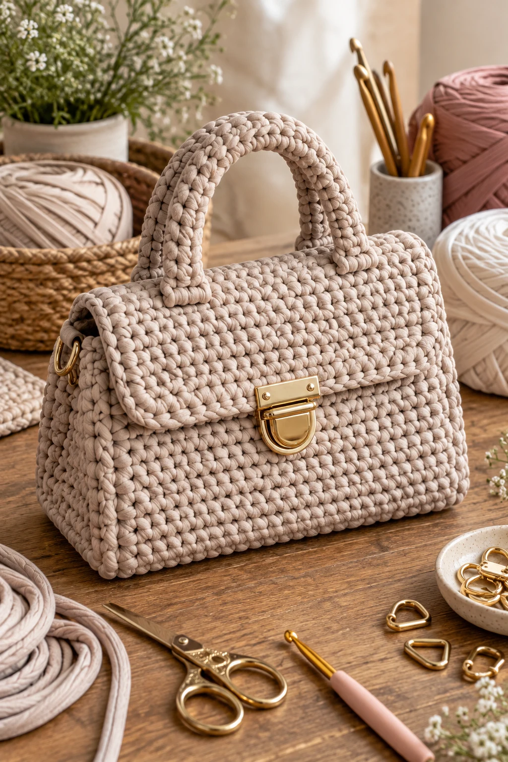 Structured Crochet Handbag — crochet bag tshirt yarn style outfit