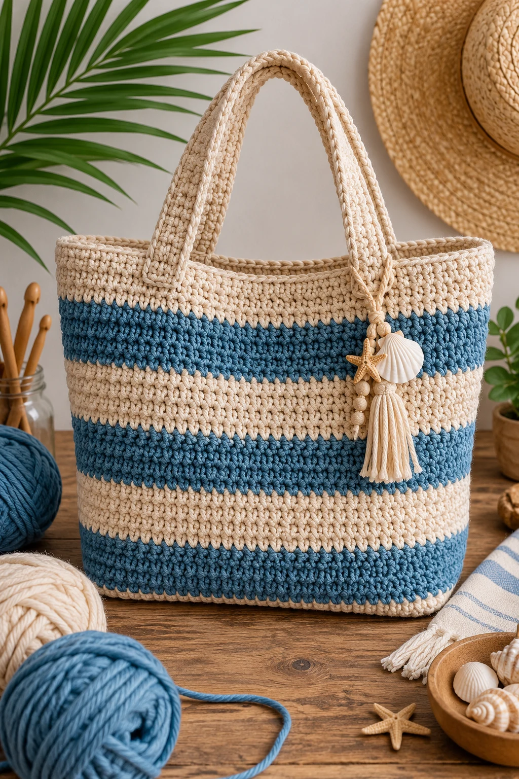 Striped Beach Tote — crochet bag tshirt yarn style outfit
