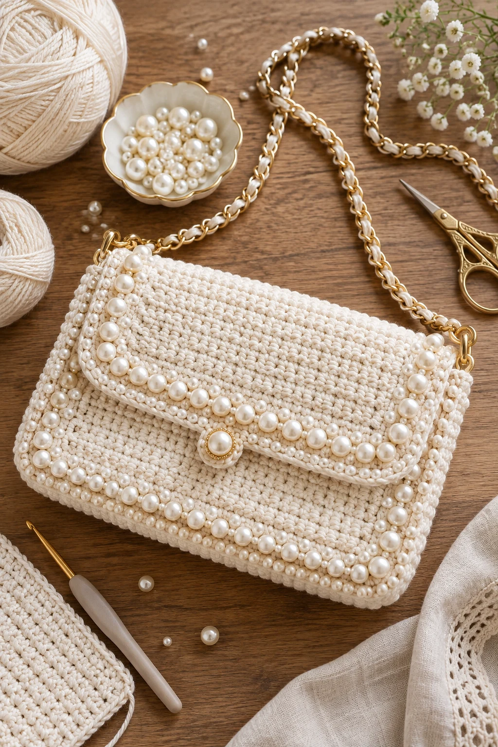 Pearl-Trimmed Ivory Crochet Bag With Beads — crochet bag with beads style outfit