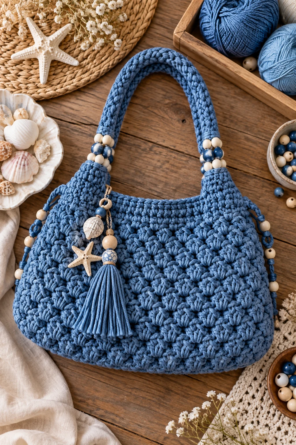 Denim-Blue Coastal Crochet Bag — crochet bag with beads style outfit