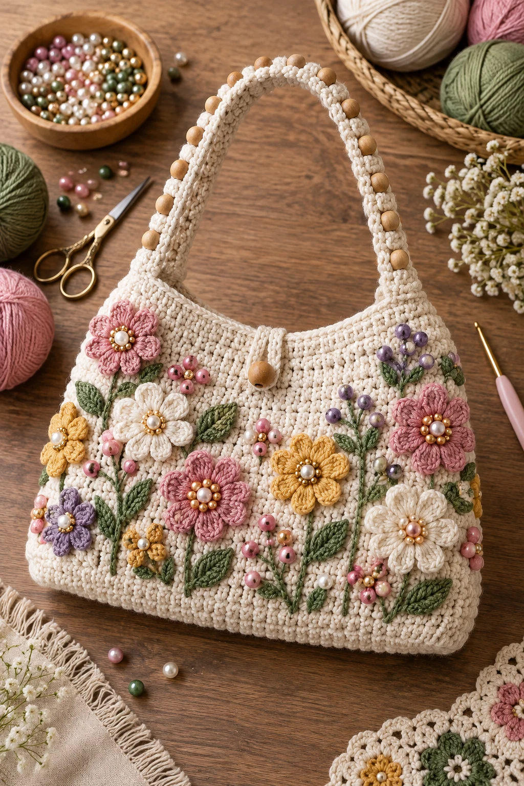 Beaded Flower Garden Crochet Purse — crochet bag with beads style outfit