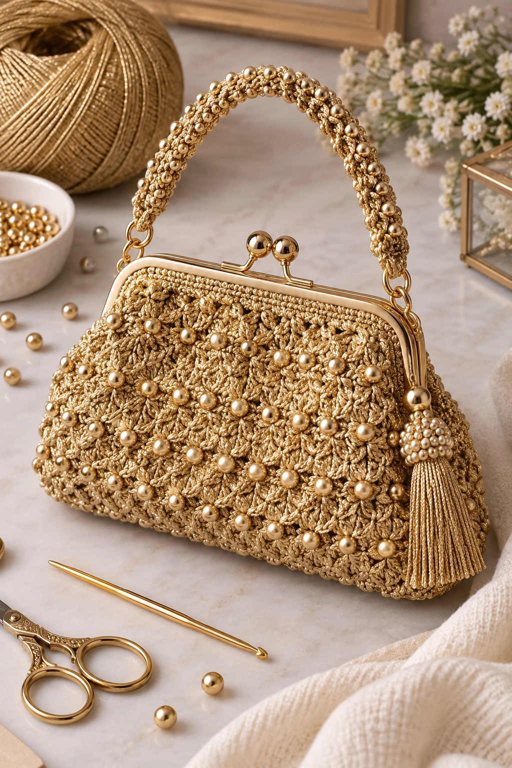 Metallic Gold Crochet Party Bag — crochet bag with beads style outfit