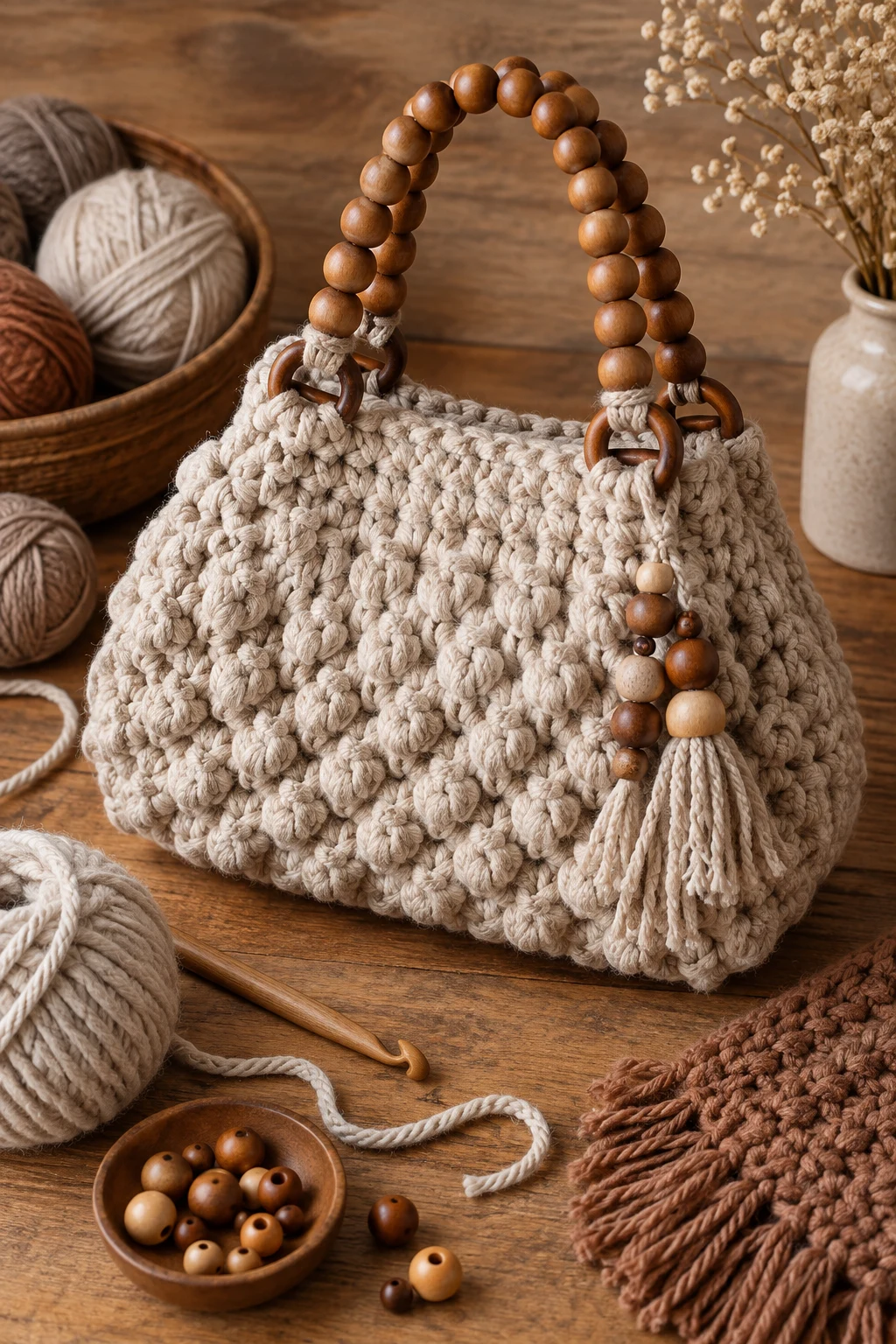 Chunky Winter Crochet Bag With Wooden Beads — crochet bag with beads style outfit