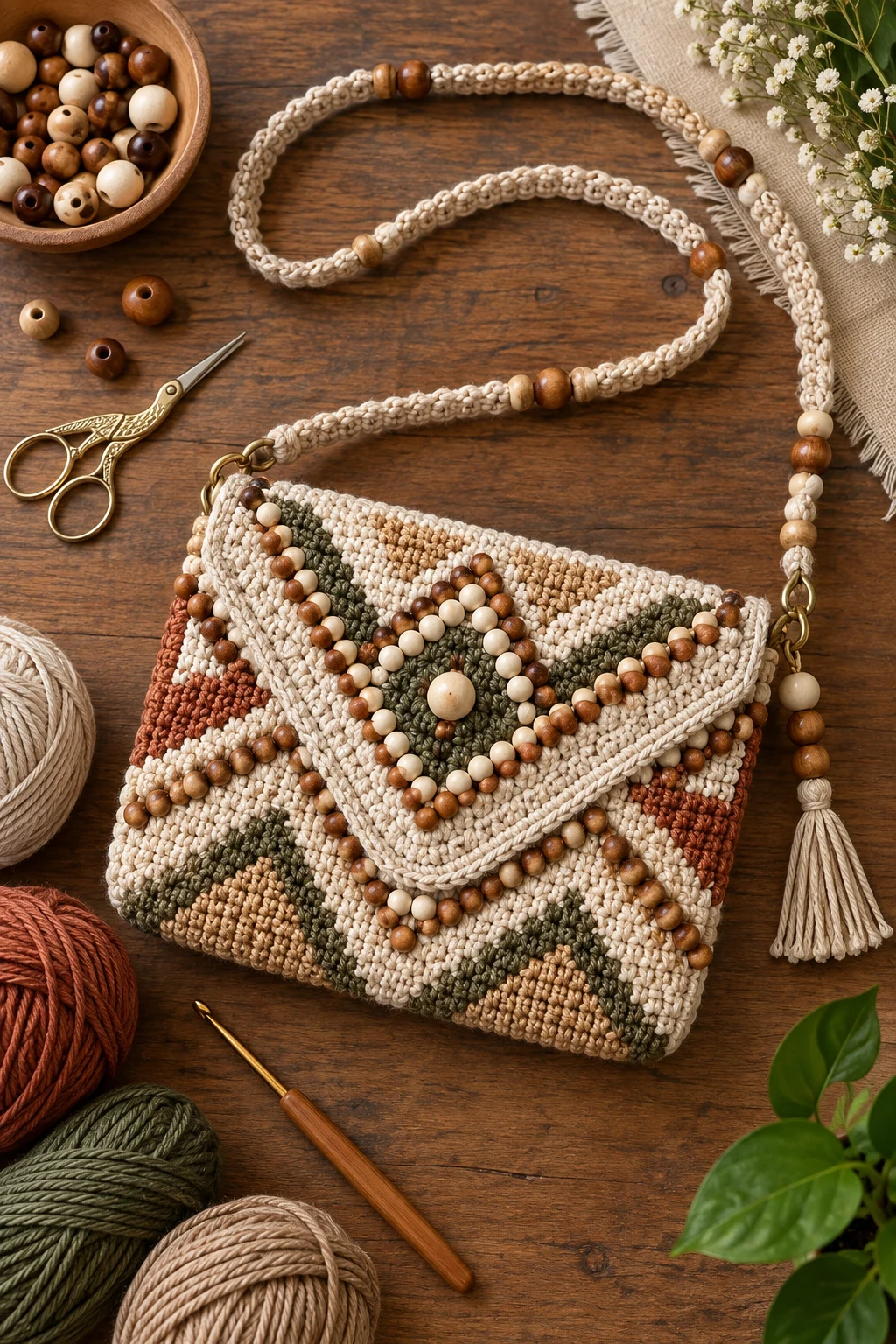 Geometric Beaded Crochet Crossbody Bag — crochet bag with beads style outfit