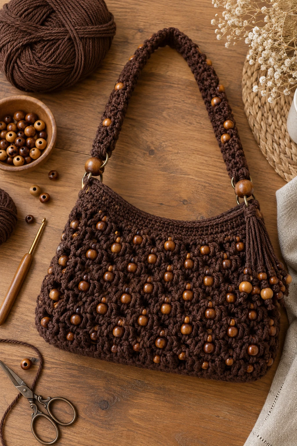 Chocolate Brown Beaded Crochet Shoulder Bag — crochet bag with beads style outfit