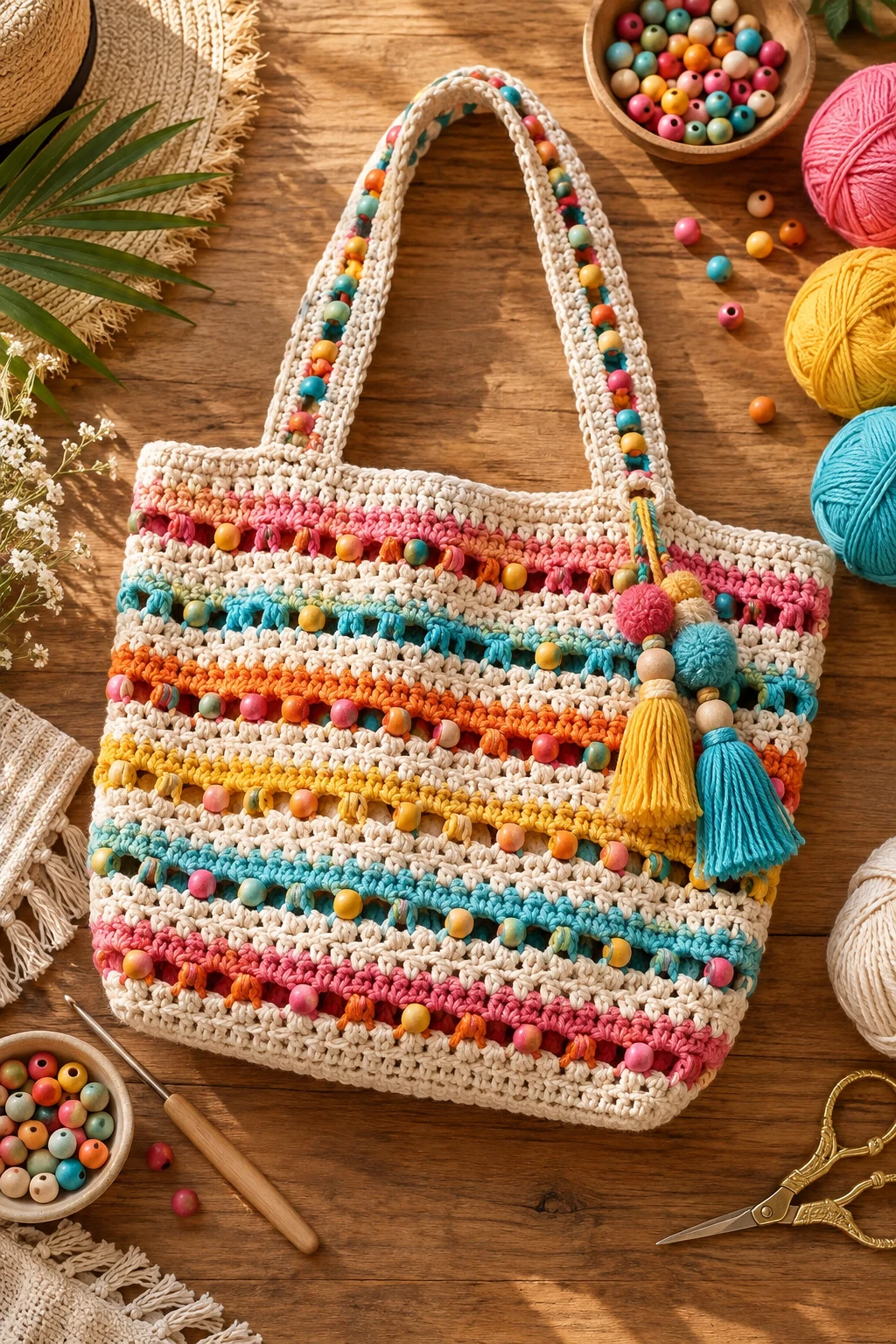 Colorful Summer Beaded Crochet Tote — crochet bag with beads style outfit