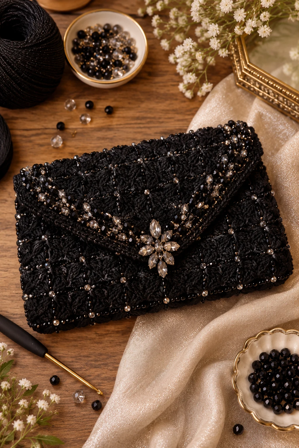Black Evening Clutch With Crystal Beads — crochet bag with beads style outfit