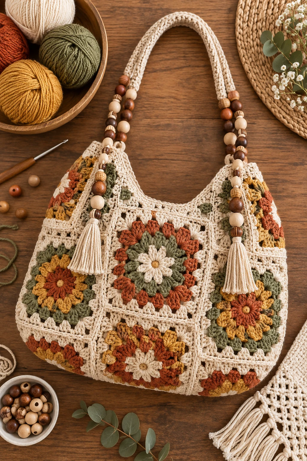 Boho Granny Square Crochet Bag With Beads — crochet bag with beads style outfit