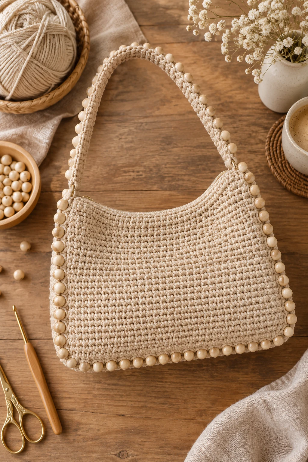 Minimalist Beige Bead-Edge Bag — crochet bag with beads style outfit
