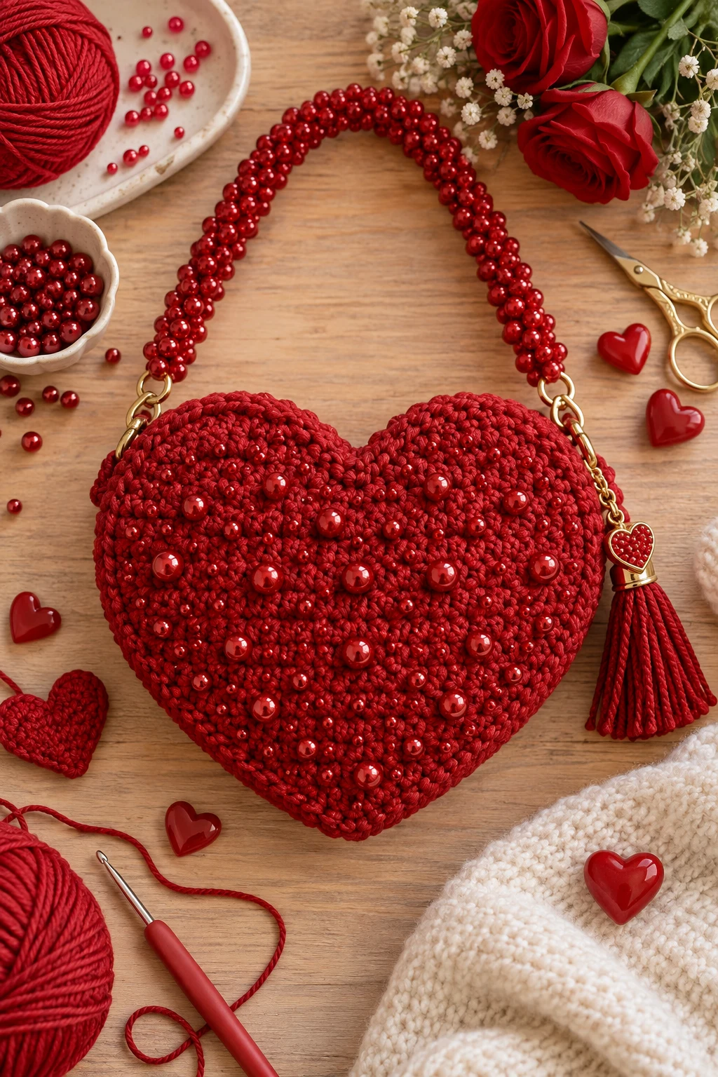 Red Valentine Heart Beaded Purse — crochet bag with beads style outfit