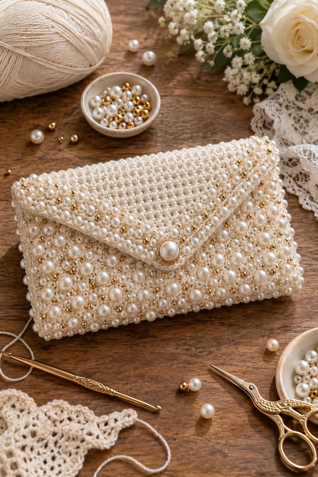 Pearl-and-Bead Wedding Crochet Clutch — crochet bag with beads style outfit