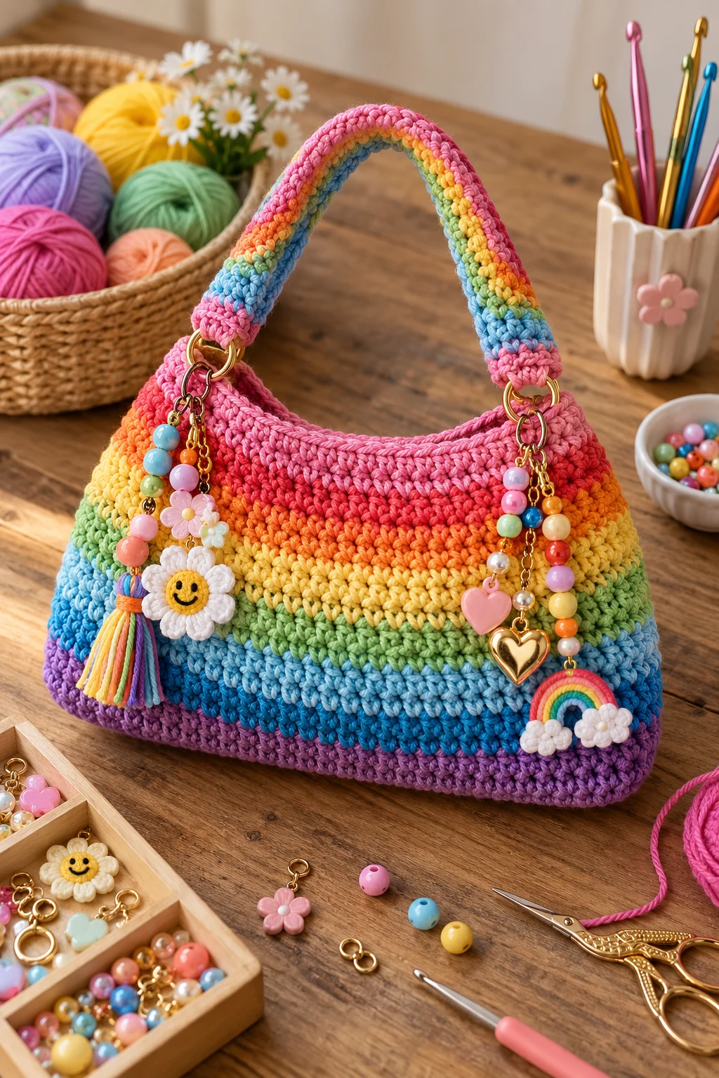 Rainbow Crochet Bag With Charms and Beads — crochet bag with beads style outfit