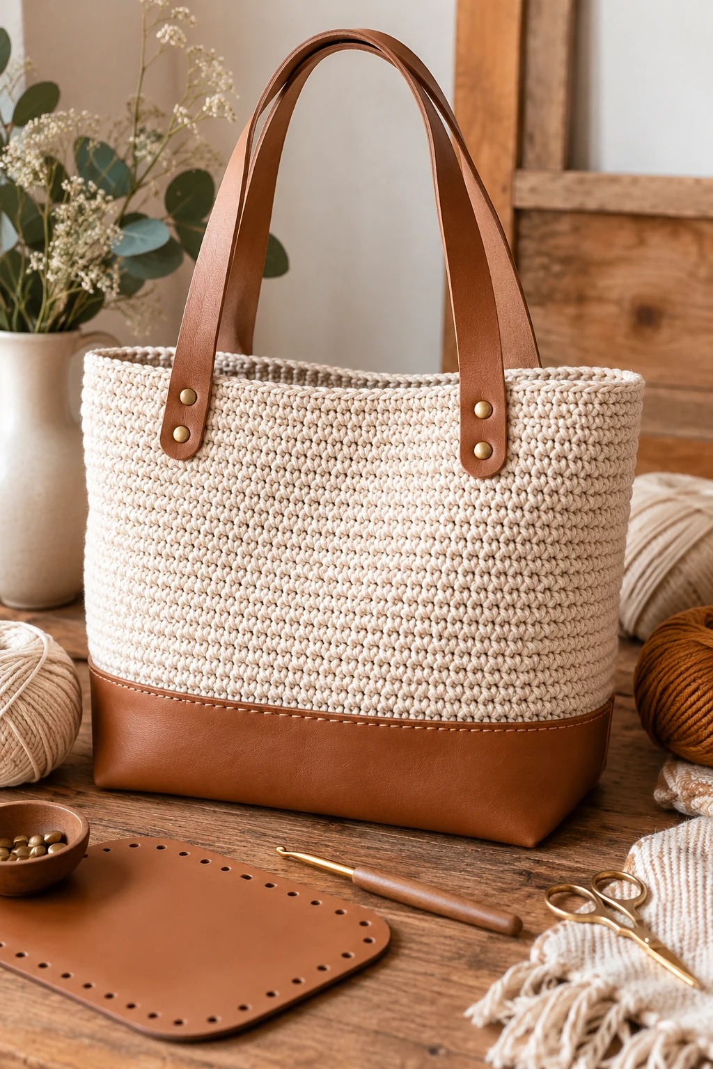 Classic Neutral Leather-Base Tote — crochet bag with leather base style outfit