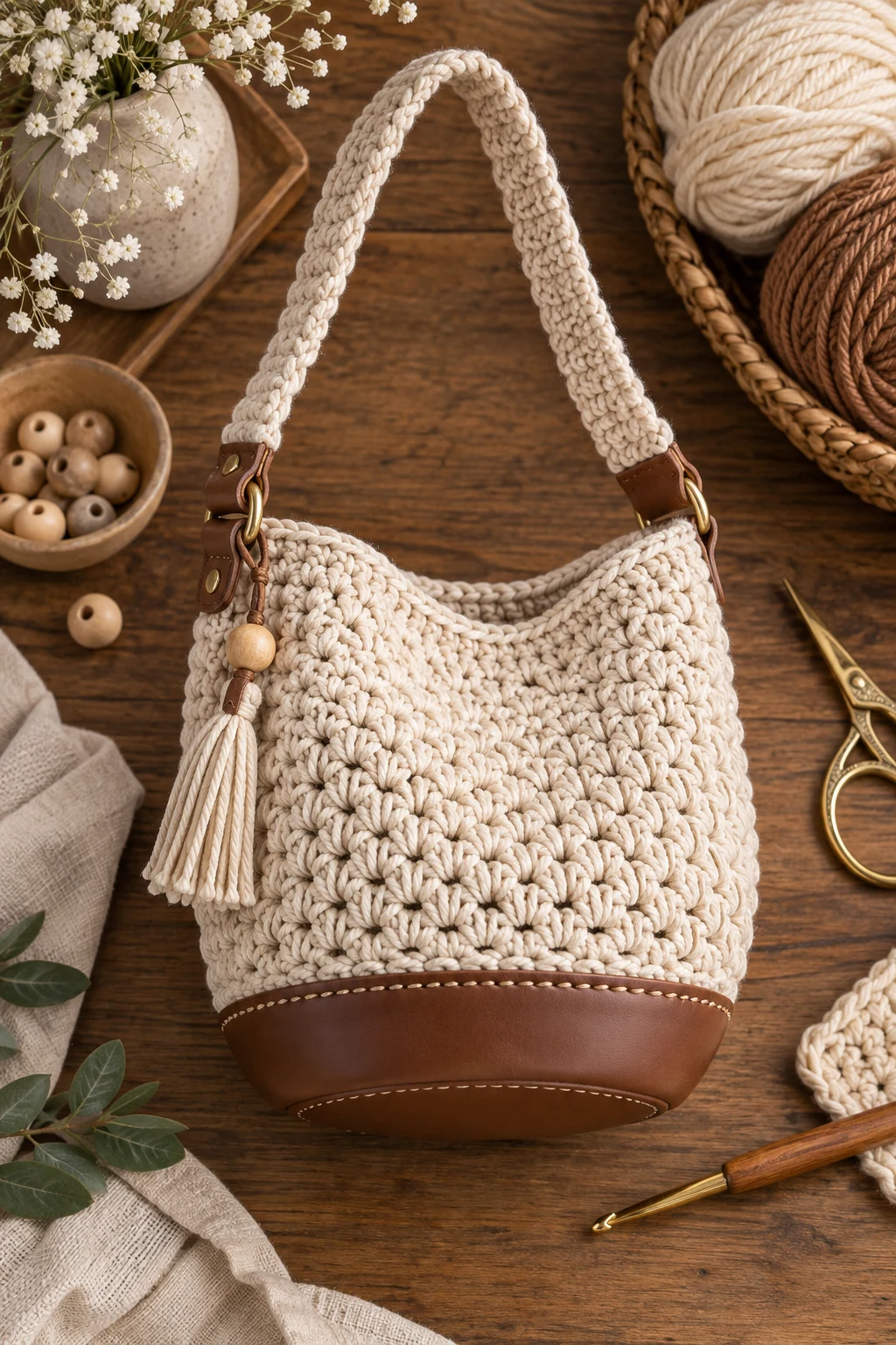 Small Round-Base Shoulder Bag — crochet bag with leather base style outfit