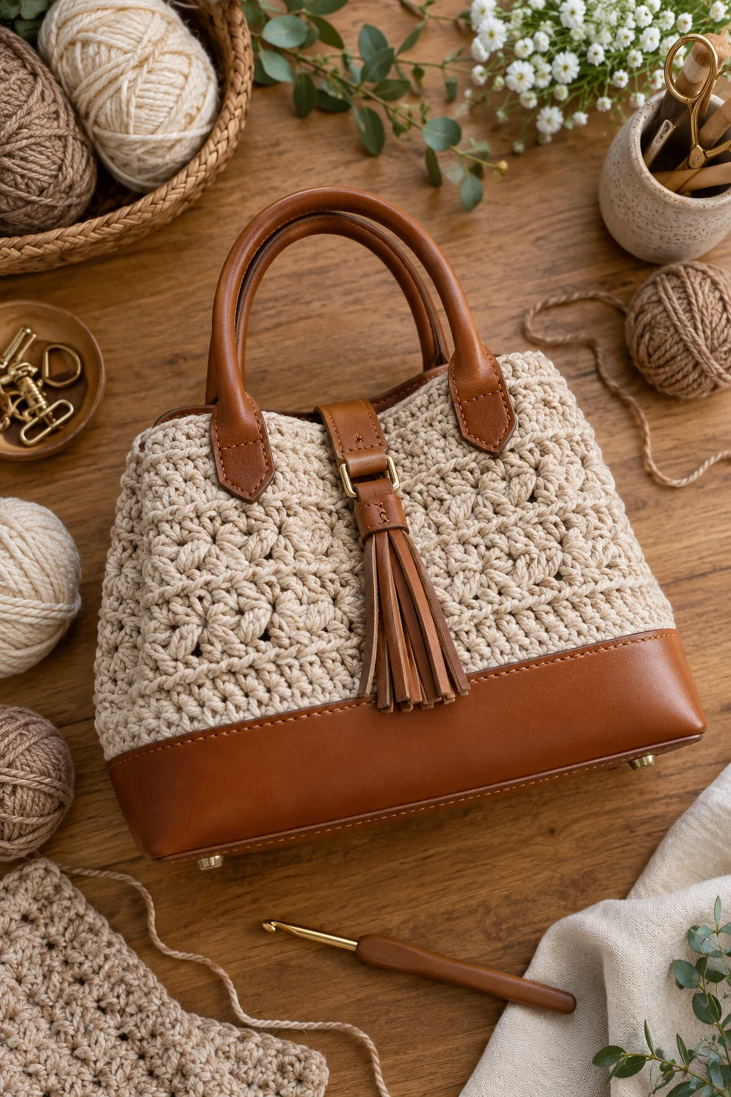 Designer-Inspired Crochet Bag — crochet bag with leather base style outfit