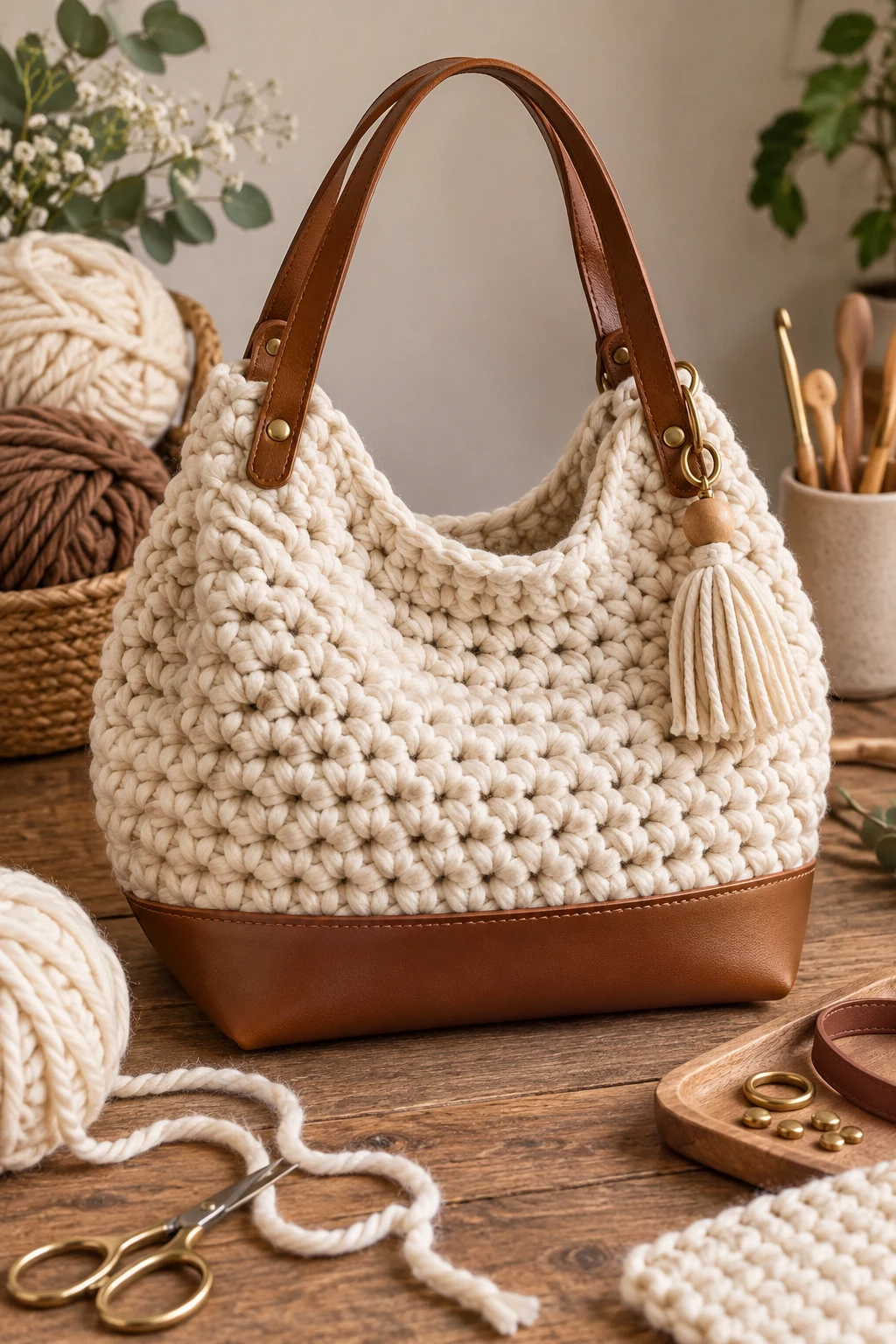 Cozy Chunky Yarn Statement Bag — crochet bag with leather base style outfit