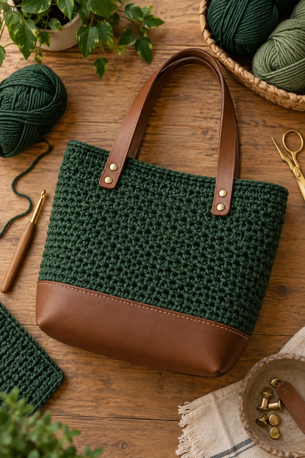 Forest Green Everyday Bag — crochet bag with leather base style outfit