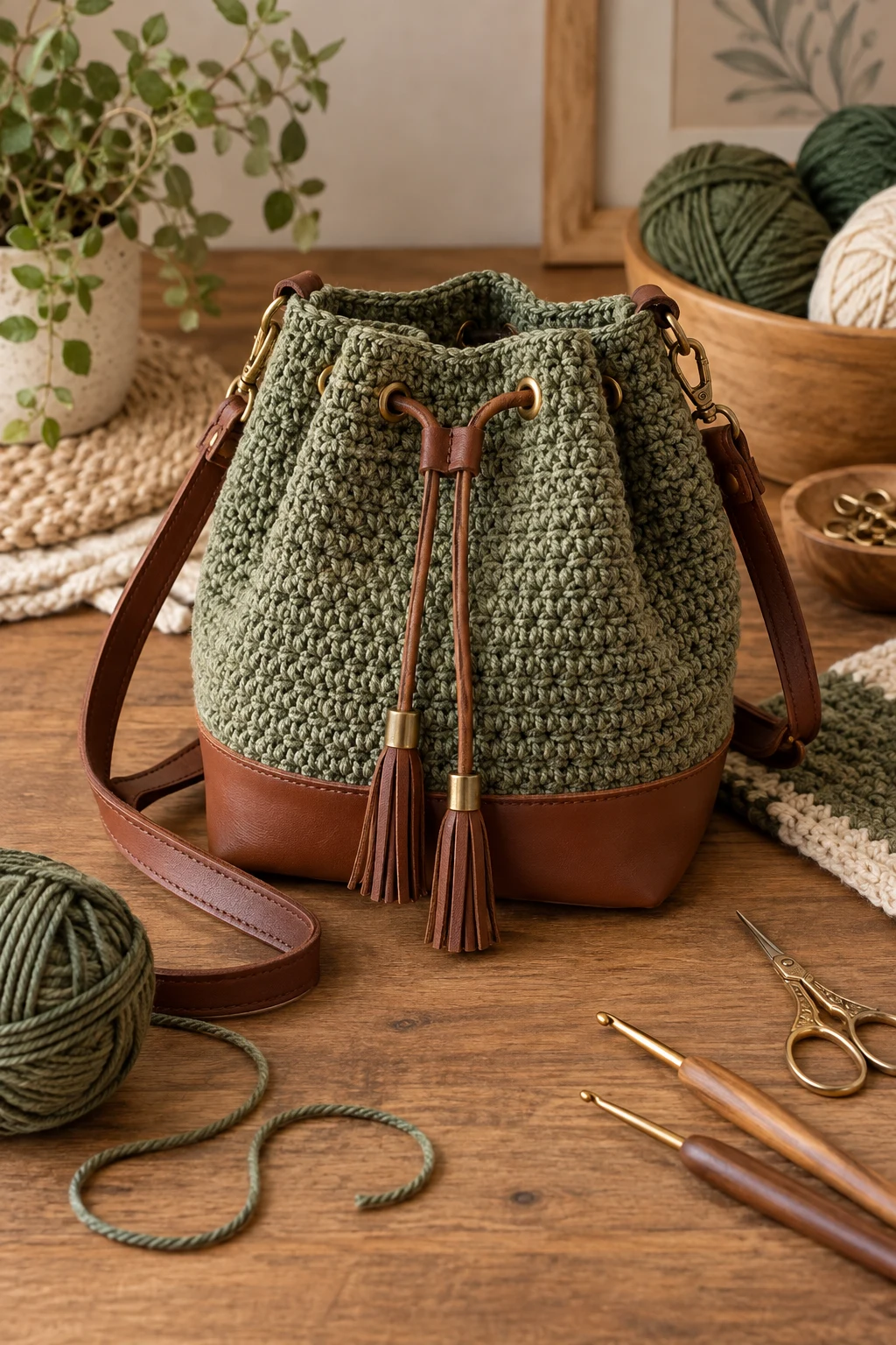 Crochet Bucket Bag With Leather Base — crochet bag with leather base style outfit