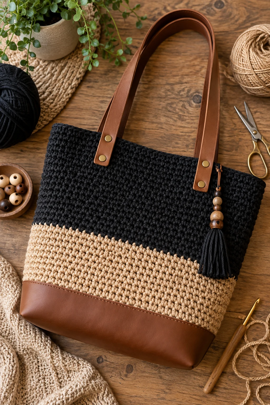 Black-and-Tan Market Tote — crochet bag with leather base style outfit