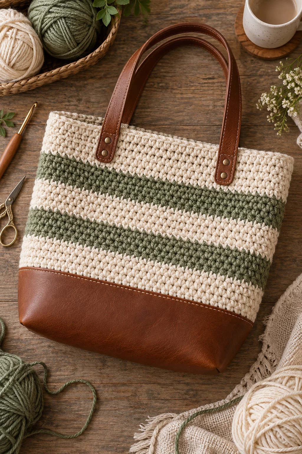 Striped Weekend Crochet Bag — crochet bag with leather base style outfit