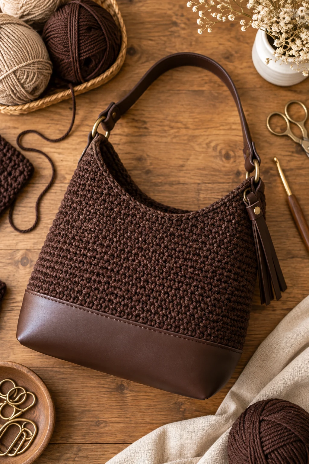Minimalist Chocolate Brown Bag — crochet bag with leather base style outfit