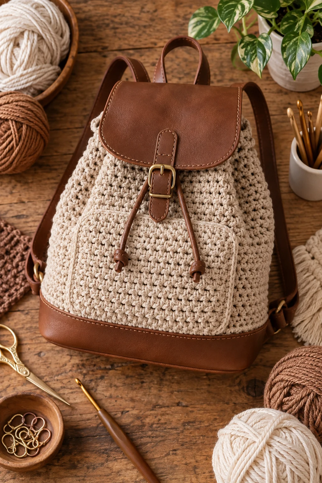 Crochet Backpack With Leather Base — crochet bag with leather base style outfit