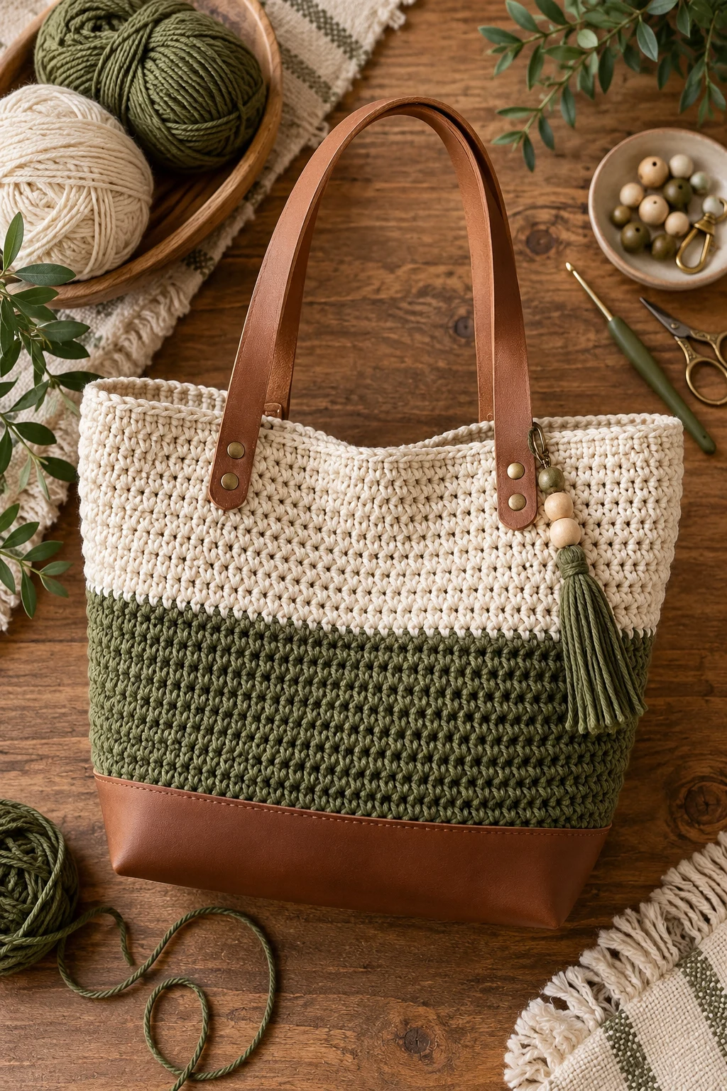 Two-Tone Cream and Olive Tote — crochet bag with leather base style outfit