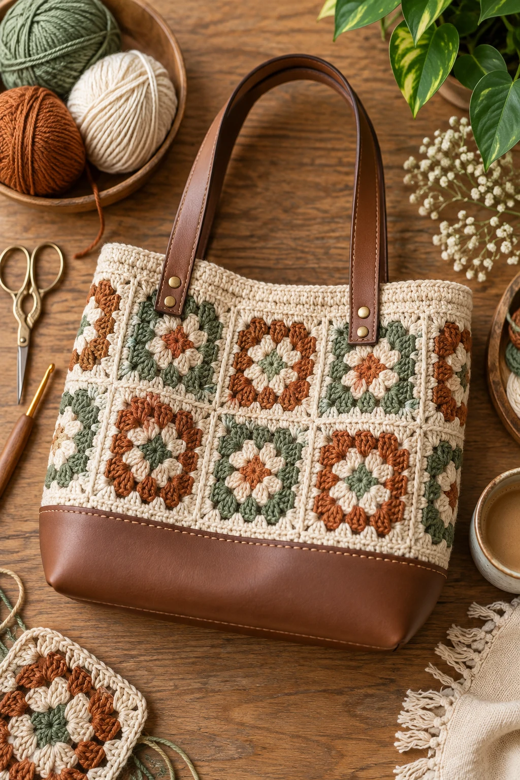 Textured Granny-Square Bag — crochet bag with leather base style outfit
