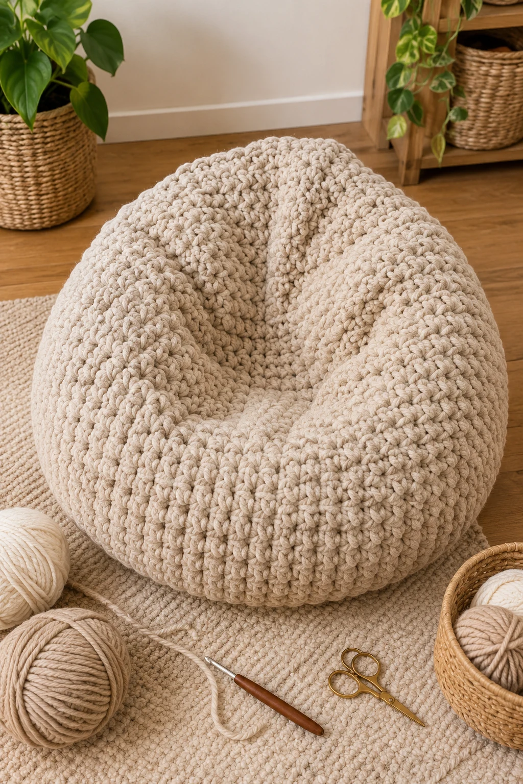 Chunky Neutral Crochet Bean Bag Chair — crochet bean bag style outfit