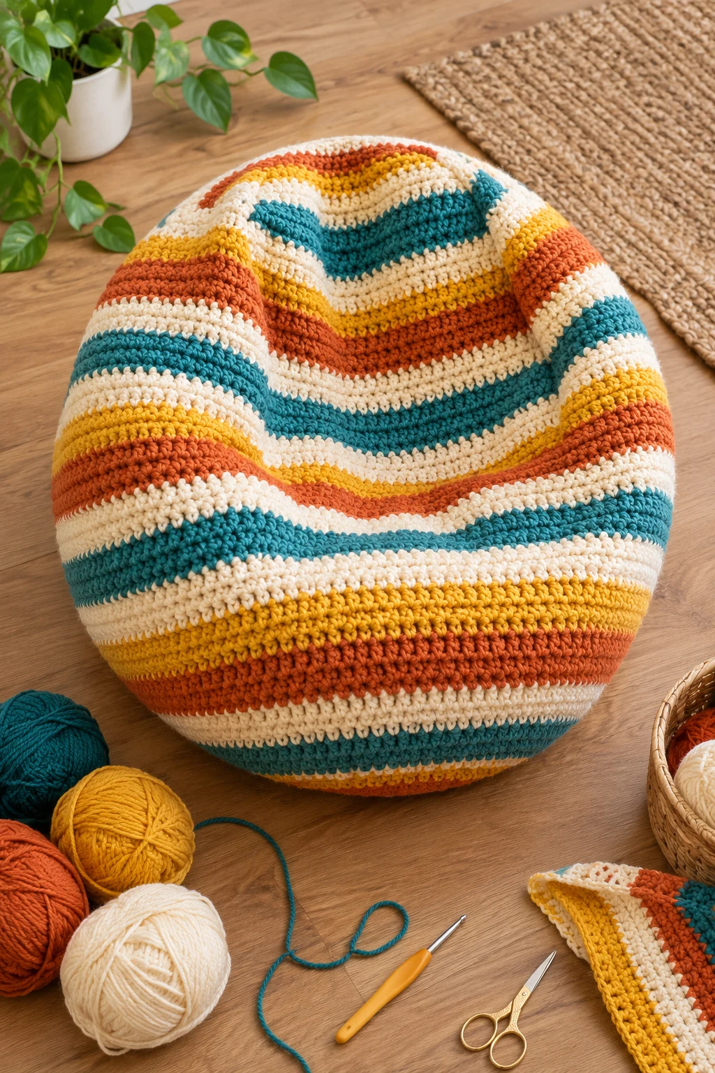 Crochet Bean Bag With Striped Retro Colors — crochet bean bag style outfit