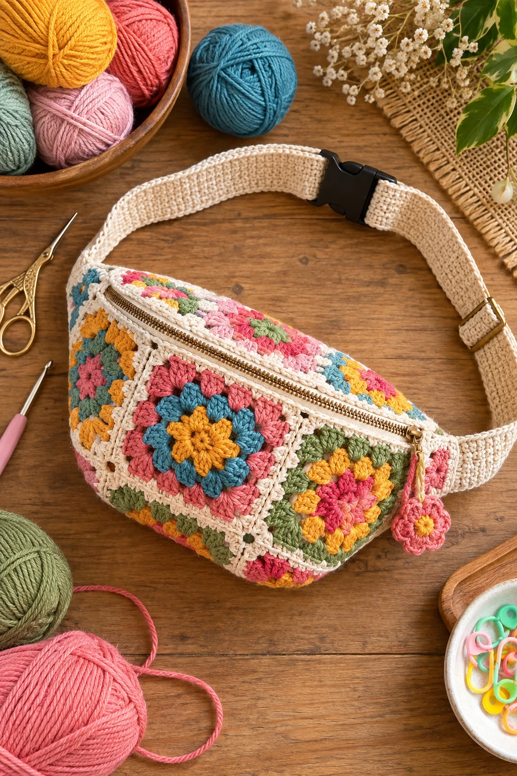 Colorful Granny-Square Belt Bag — crochet belt bag style outfit