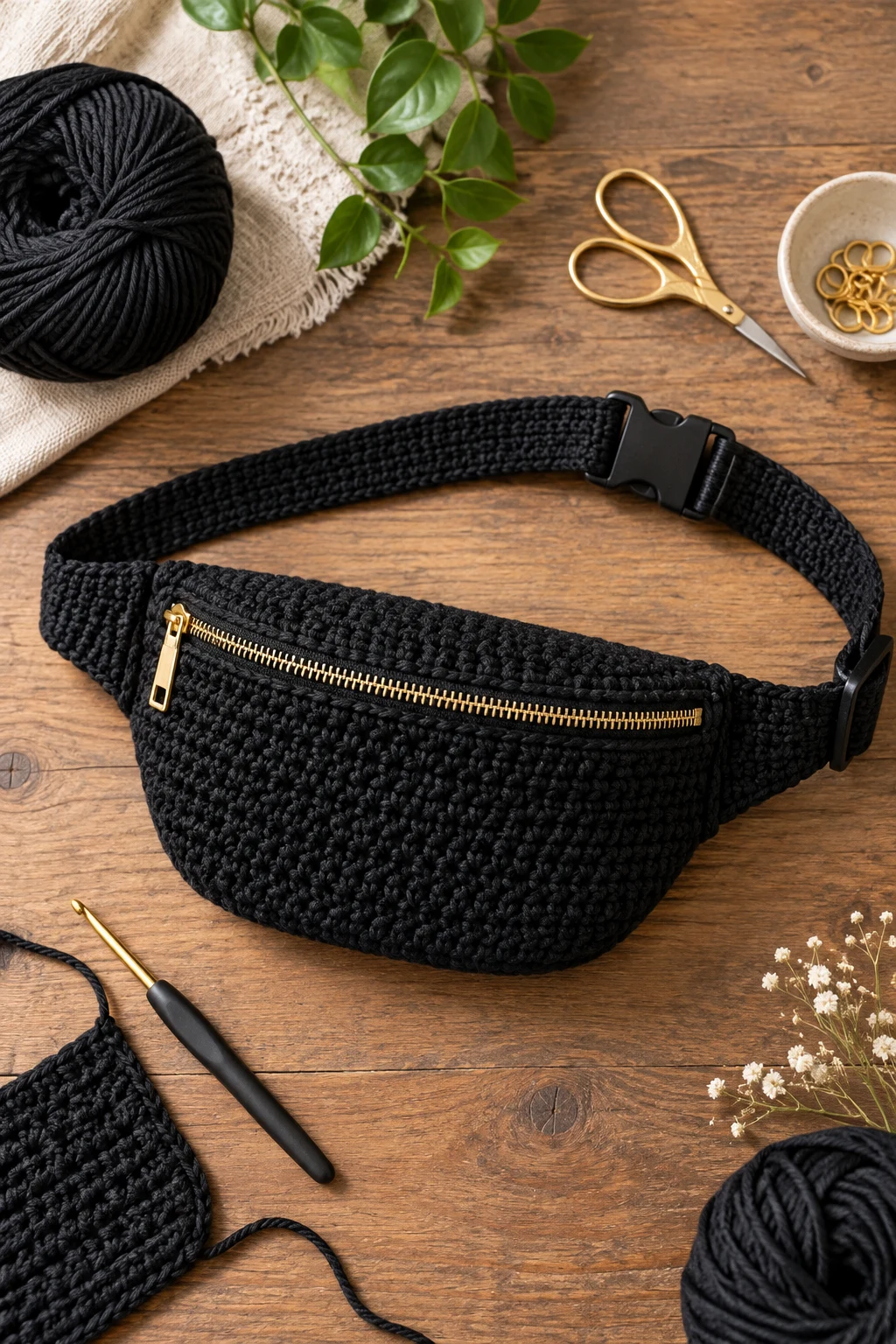 Minimalist Black Crochet Belt Bag — crochet belt bag style outfit