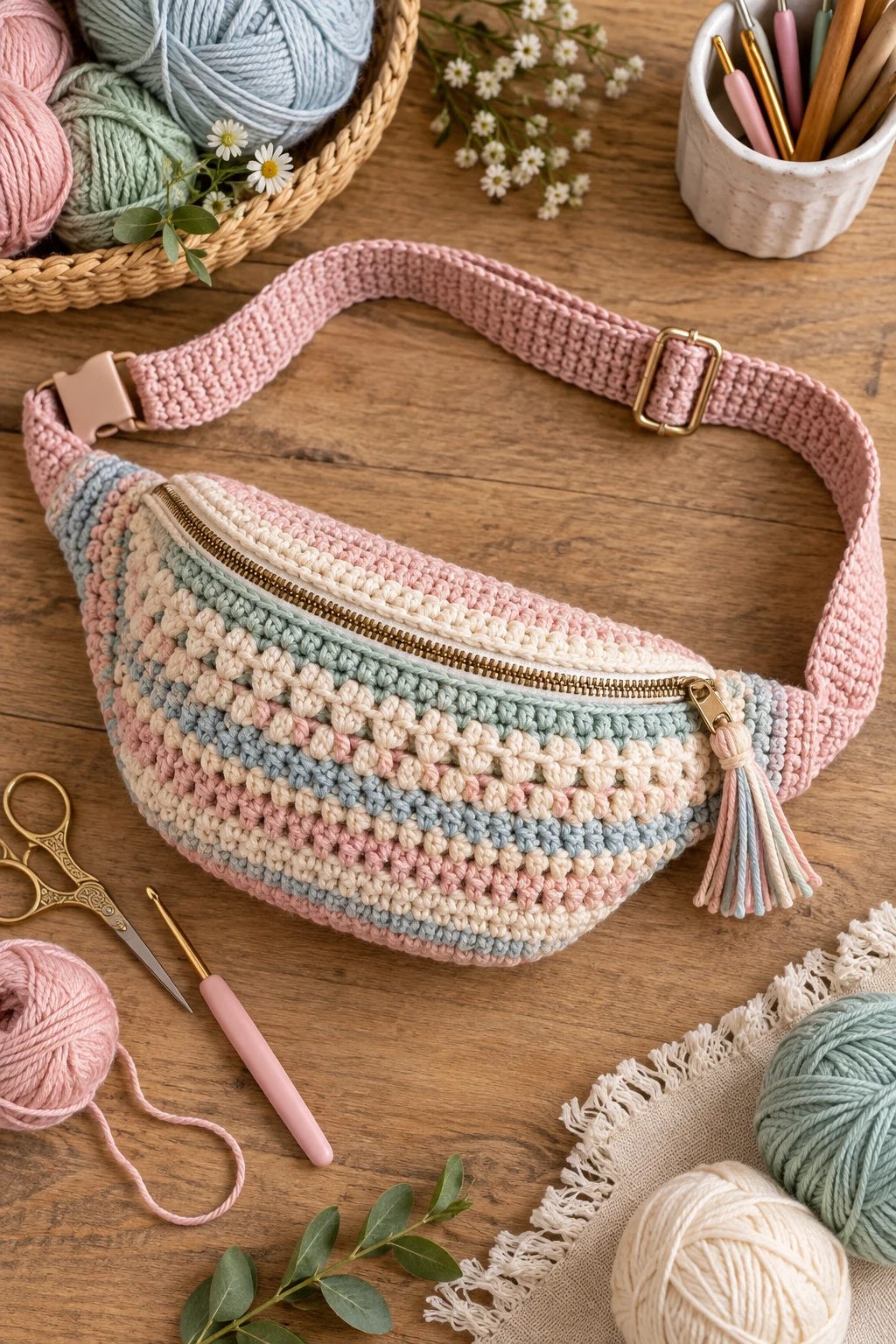 Soft Pastel Crochet Belt Bag — crochet belt bag style outfit