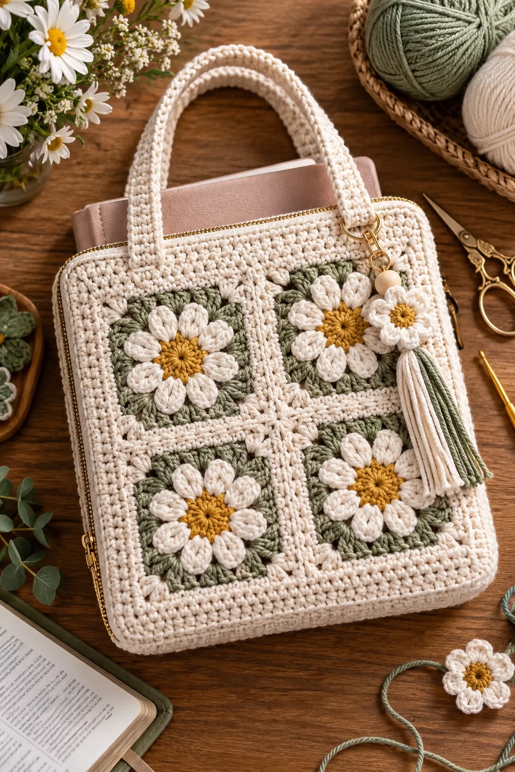 Floral Granny Square Scripture Bag — crochet bible bag style outfit