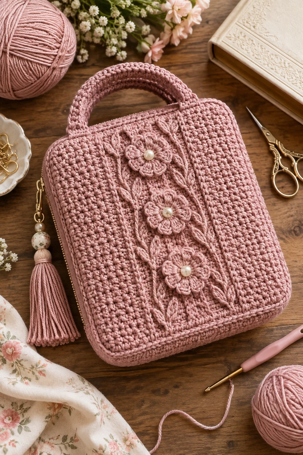 Elegant Dusty Rose Crochet Bible Bag — crochet bible bag style outfit
