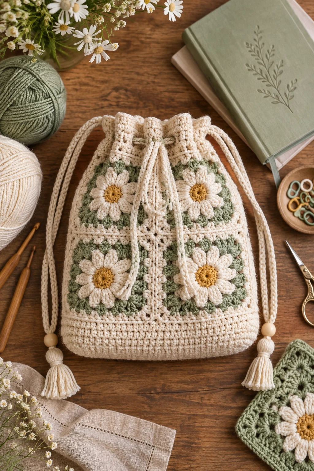 Drawstring Crochet Scripture Bag — crochet bible bag style outfit