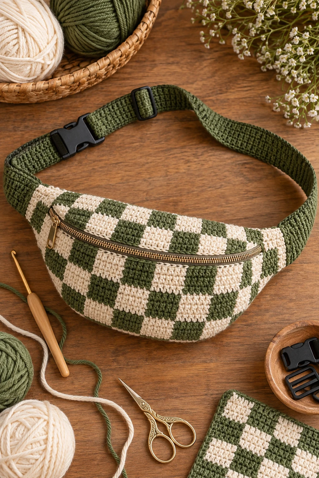 Checkered Crochet Bum Bag — crochet bum bag style outfit