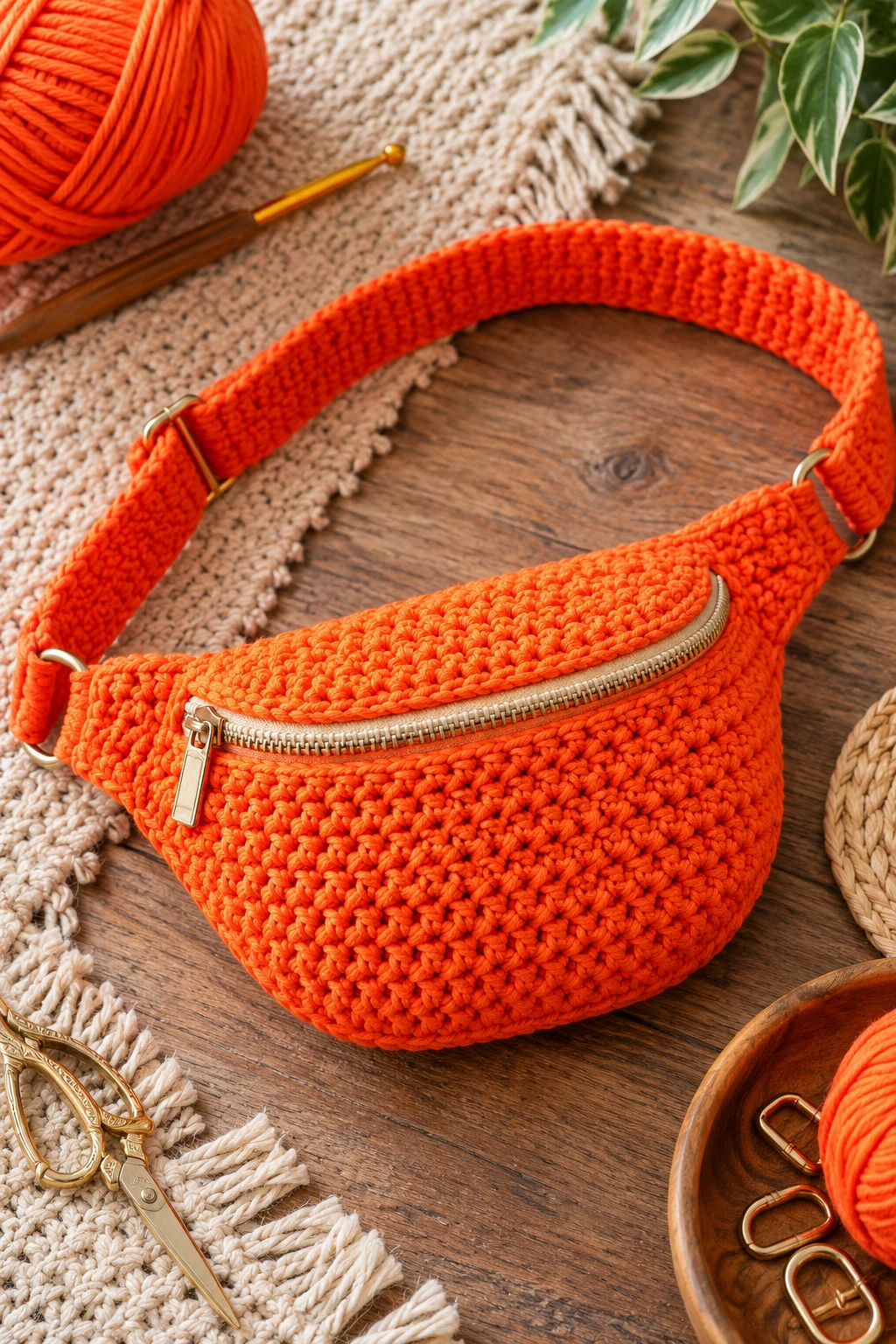 Bright Orange Summer Crochet Hip Bag — crochet bum bag style outfit