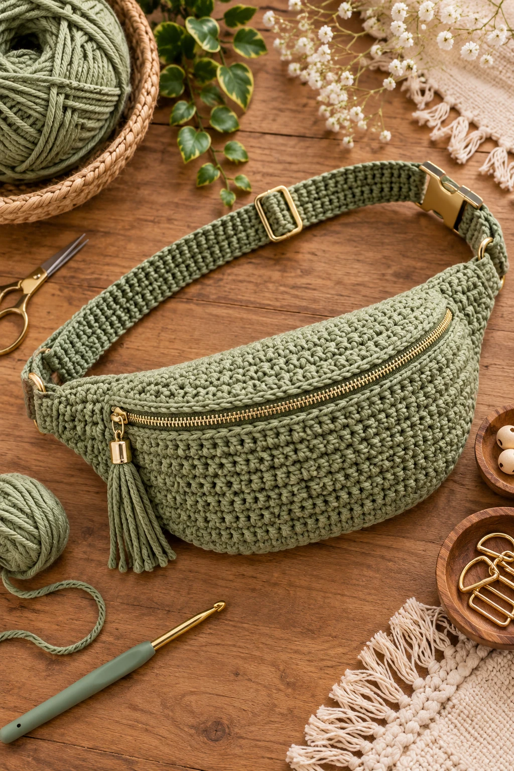 Sage Green Everyday Waist Bag — crochet bum bag style outfit